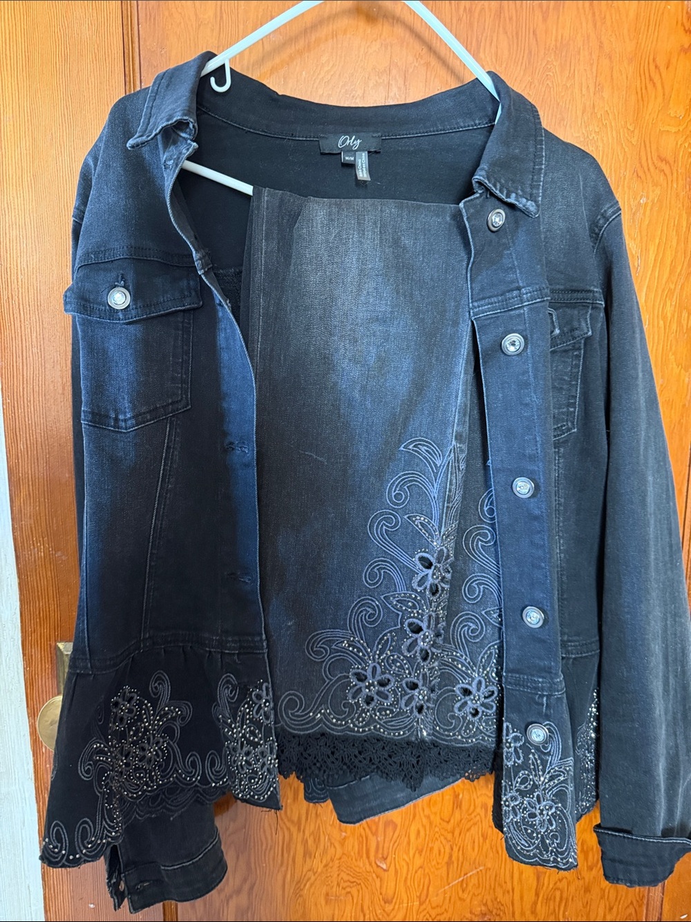 Orly Black Embroidered Lace-Trim Denim Jacket with matching pants